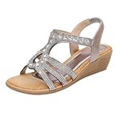 Damen Sandalen Mit Wasserbohrer Bohemian Freizeit sandaler Weich Comfort Sport Utomhus Sommer T-Riemen Rutschfeste Strandsandaletten Römer Rutschfeste Plateau Römersandalen, Grau2, 39 EU