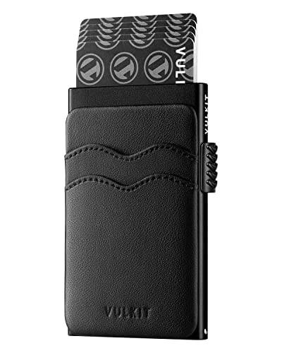 VULKIT Pop Up korthållare smal plånbok med extra läderfack RFID-blockerande metall minimalistiskt kortfodral för män och kvinnor, Svart, S, Modern