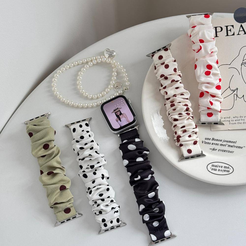 Stretchigt Scrunchie-armband för Apple Watch Ultra Band 49mm 45/44/42/41 Hela sortimentet för iWatch Series 11 10 9 8 Färgglatt prickigt mönster Satin