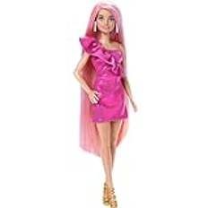 Barbie-docka, Fun & Fancy-hår med extra långt färgglatt blont hår och glansig rosa klänning, tio hår- och modeaccessoarer, JDC85