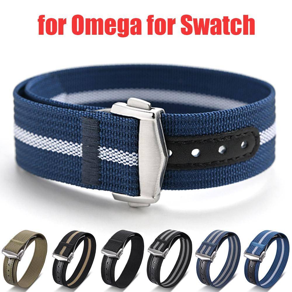 20 mm räfflat nylonband för Omega för Swatch för Moonswatch Fällspänne i rostfritt stål Herr Dam Sport Ersättningsklockband grön