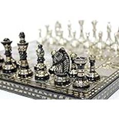 Schackset i mässing för vuxna, stora schackspel och schackspel, samlarobjekt schackbräde, handsnidade spelbrädor (25 x 25 cm) silver och svart (25 x 25 cm)