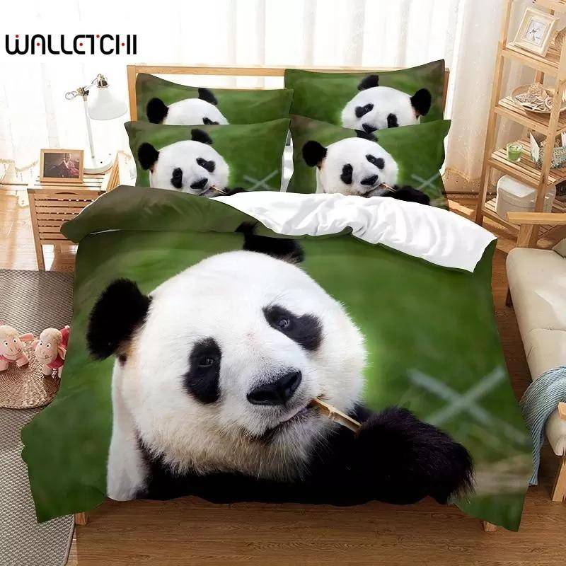 Panda påslakanset Söt djurmönster med två sängar för pojkar, flickor, mikrofiber, vild jätte panda i king size täcke 140x200cm 3pcs