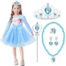 yumcute Frozen prinsessklänning med prinsesstillbehör, Elsa prinsessklänning långärmad avslappnade klänningar klänning för 4-10 år flickor cosplay födelsedag karneval jul halloween festkostymer