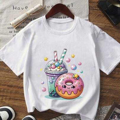 T-shirt för flickor, grafisk T-shirt, preppy stil vår/sommar ny sporttopp, draperad, mjuk, ventilerande, barnens kortärmade topp - Vitt (6Y,7Y,8Y,9Y,10Y,11-12Y)