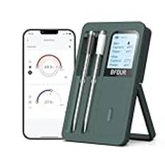 BF-40 Köttermometer, trådlös, med Bluetooth, 2 sonder, LCD-skärm, 100 m Bluetooth-räckvidd, appstyrning, grilltermometer för grillning, rökning, ugn och kök