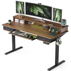 WALKINGDESK Höjdjusterbart Skrivbord med Tangentbordslåda, 140 x 60 cm Elektriskt Datorskrivbord med 2 Lådor, Höj- Och Sänkbart Ståbord med Skärmstativ Ergonomiskt Ståbord, Svart valnöt
