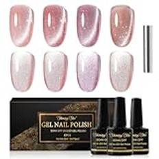 Shining She magnetiskt halvpermanent nagellack, 4 färger, rosa, Cat Eye-glitter, halvpermanent nagellack för naglar med magnet, soak-off UV/LED för nagelkonstsalong, 8 ml