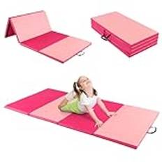 COSTWAY 240 x 120 x 5 cm mjuk golvmatta, gymnastikmatta, vikbar, yogamatta med kardborreband och 2 bärhandtag, gymnastikmatta, fällmatta, fitnessmatta för gymnastik, yoga, träning (röd + rosa)