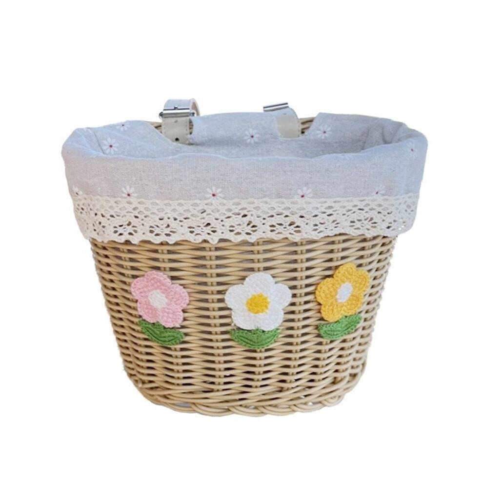 Kids Bike Basket, Handwoven with Leather Straps, Lined, Decorative Flowers, Removable, Fits Most Bicycles