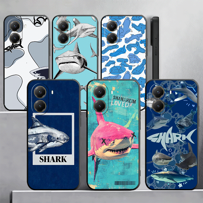 Doodle Style Shark Collage Phone Case For Xiaomi Poco X7 X8 Pro Max M8 M7 F8 X6 X5 X3 M7 M6 F7 Redmi 15C 15 14C 13C 15T 17T Patt