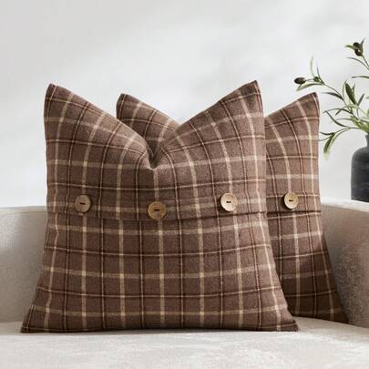 1 klassiskt randigt rutigt örngott i imiterad kashmir (kuddkärna ej ingår), designerkuddfodral med naturliga kokosknappar - Brun (45*45,30*50,50*50)