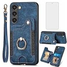 Asuwish Fodral för Samsung Galaxy S23 5G med Härdat Glas Film,Ring Stativ Korthållare Plånboksfodral Läder Skal för S 23 23S S23fodral Skydd Phone Wallet Case Blå