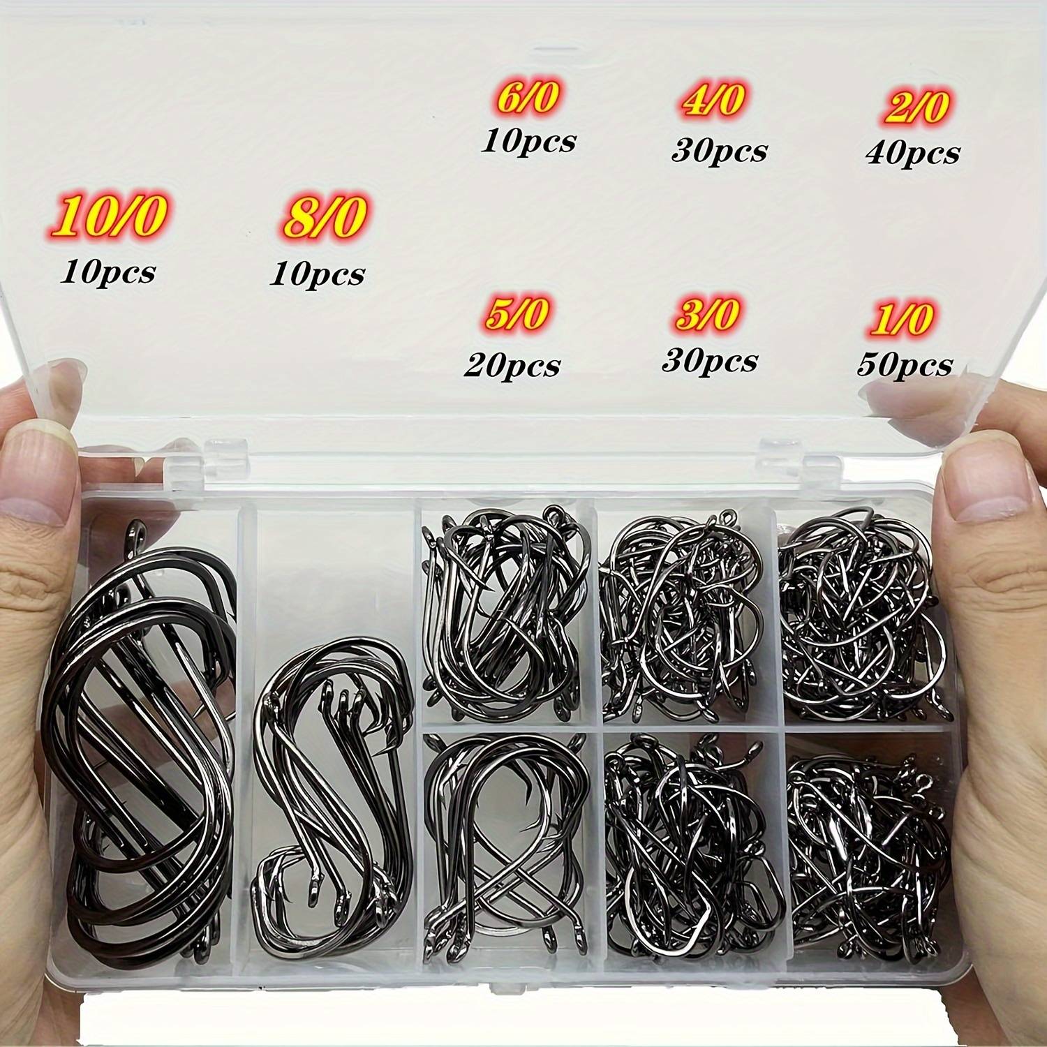 200pcs Premium Octopus Fishing Hooks Set - Strong, Steel With Barbed Design & Point For Superior Hooking - Sizes 1/0 To 10/0 Included
