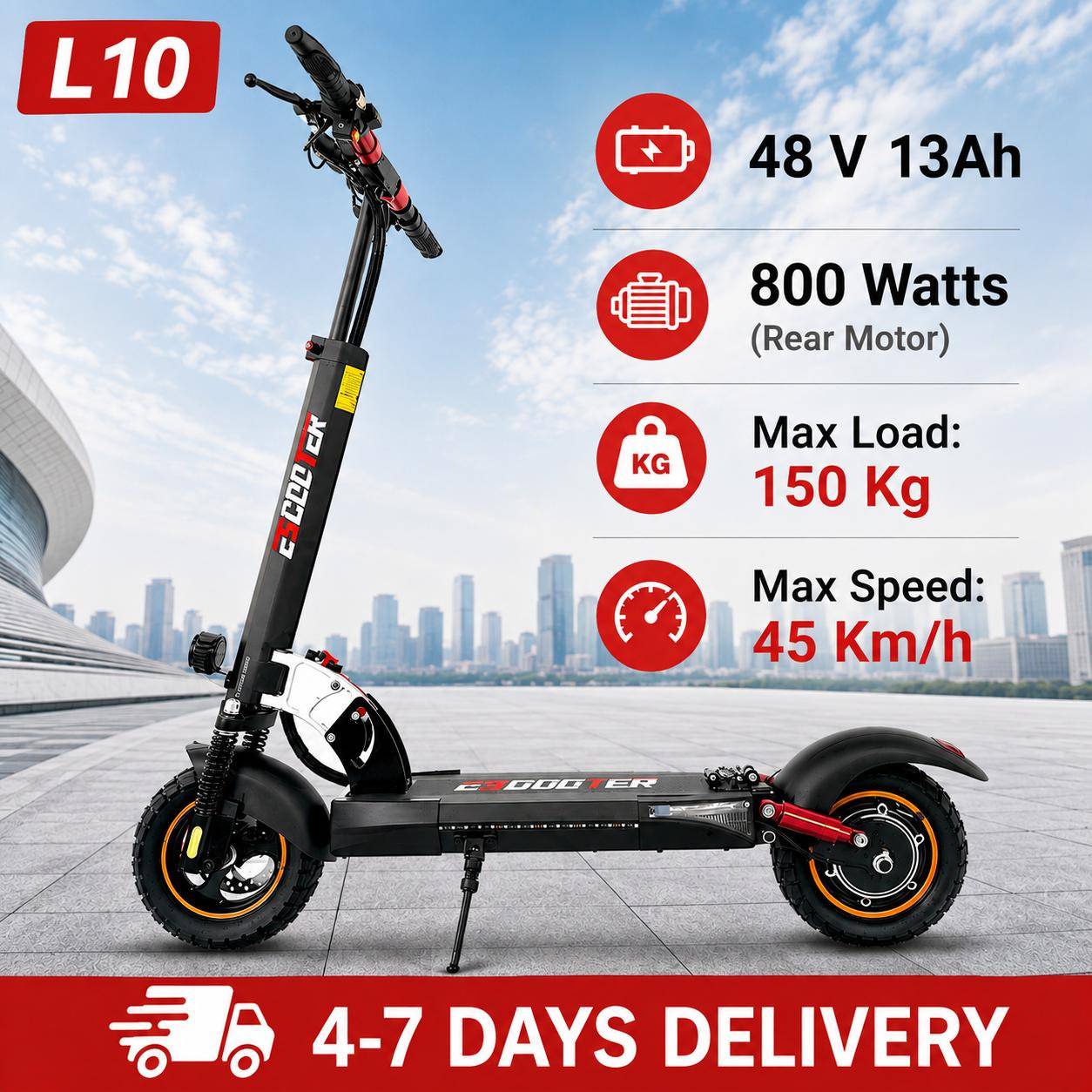 800W Powerful Electric Scooter 48V 13Ah Max Speed 45km/h Long Range 10'' Tires Dual Shock Absorbing Folding EScooter for Adults