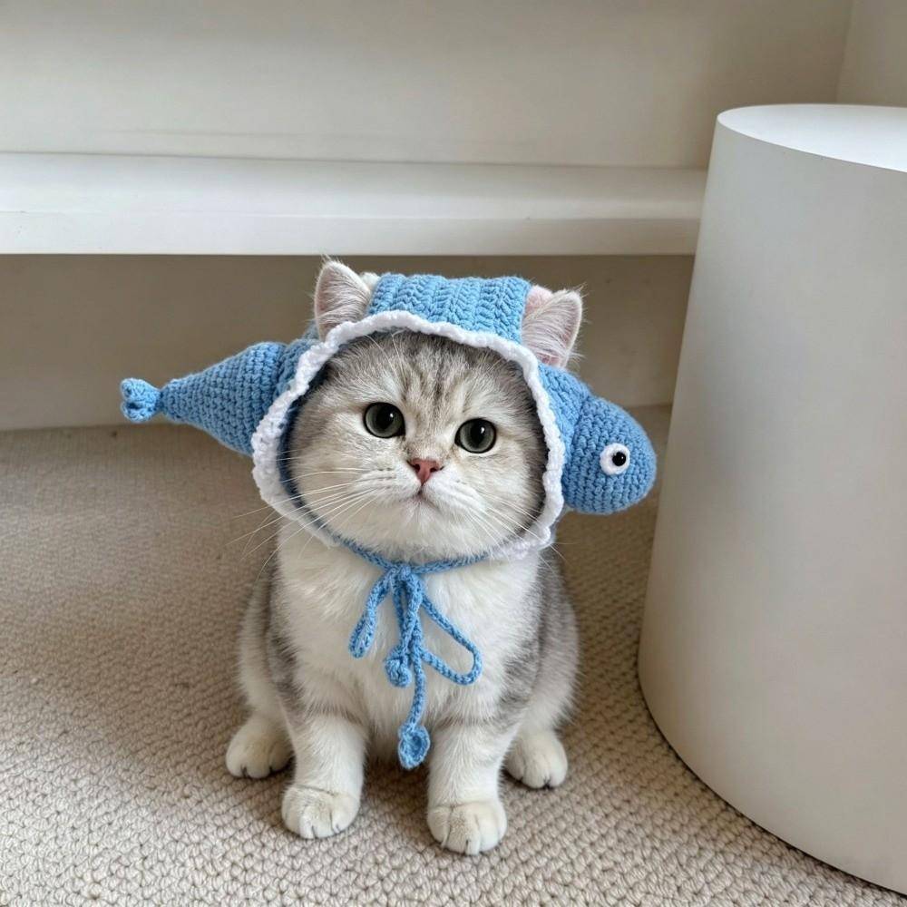 Justerbar Rem Katt Stickad Mössa Varm Vinter Hundkeps Husdjur Cosplay Huvudbonad Festevenemang blå
