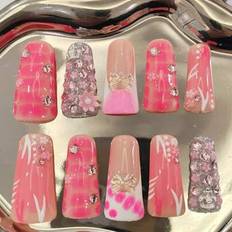 10 bitar av rena handpressade bärbara naglar, rosa och vita rouge färgmatchning, vissa nagelbitar har en rodnad ormhudliknande blekningseffekt, vissa - Multifärgad