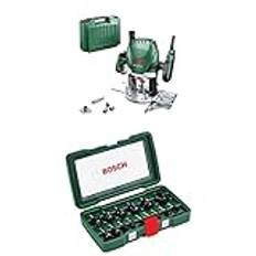 Bosch Oberfräse POF 1400 ACE (3 x Spannzange, Fräser, Parallelanschlag, Absaugadapter, Koffer) + 15tlg. Hartmetall Fräser Set (für Holz, 1/4 Zoll Schaft)