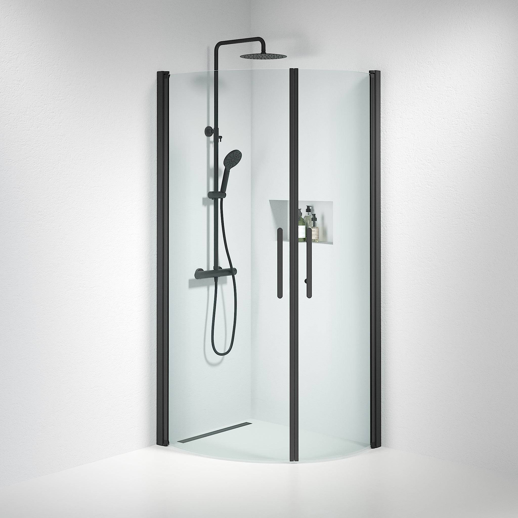 Vänern Brusehjørne, Buet, Sort Profil, Klar Glas - 80 x 100 cm