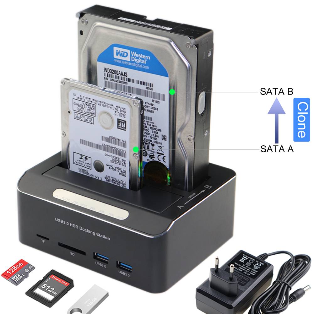 2 fack hårddisk dockningsstation usb 3.0 to sata för 2.5 " /3.5 " hdd ssd med 2x usb 3.0 nav tf / sd-kortläsare offline klon uasp - Eu-kontakt