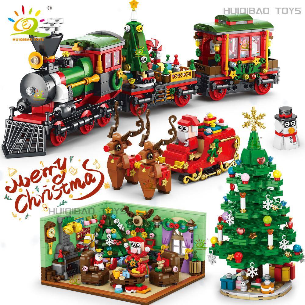 Giftfritt Jul 24-dagars Nedräkningskalender Träd Tomte Tåg Modell Byggklossar DIY-klossar Leksaker För Barn Vuxen Gåva cm black