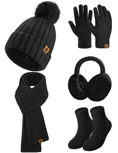 Niwicee stickad mössa och halsduk set 5 st skidutflykt set vinter plysch öronvärmare varm lång halsduk mössa hatt och pekskärm handskar set kvinnor termiska strumpor för skidåkning hatt utomhussport