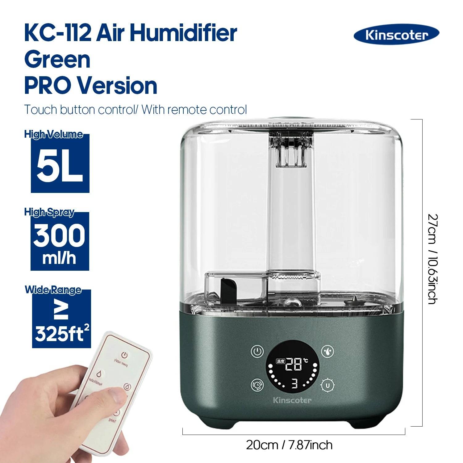 KINSCOTER 3L Air Humidifier Professional Large Capacity Home Humidifier Plant Mist Aroma Diffuser with Remote Control Timer - STYLE B Green Pro / EU Plug