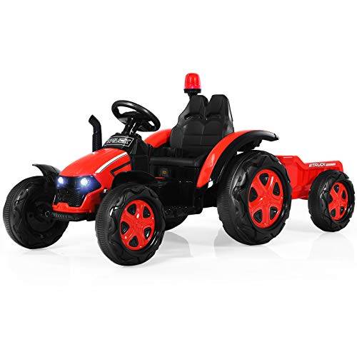GOPLUS Eltraktor för barn 3–8 år, 12 V traktor med 2,4 G fjärrkontroll/avtagbar släpvagn/strålkastare/horn/MP3-spelare/USB-port/varning, leksakstraktor, uppsitstraktor (röd)