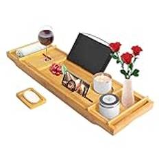 Todeco – badkarshylla, badkarsbräda – material: Bambu – storlek: 109 x 23 x 3,8 cm – med 2 avtagbara hållare och tvålhållare, svart trasa