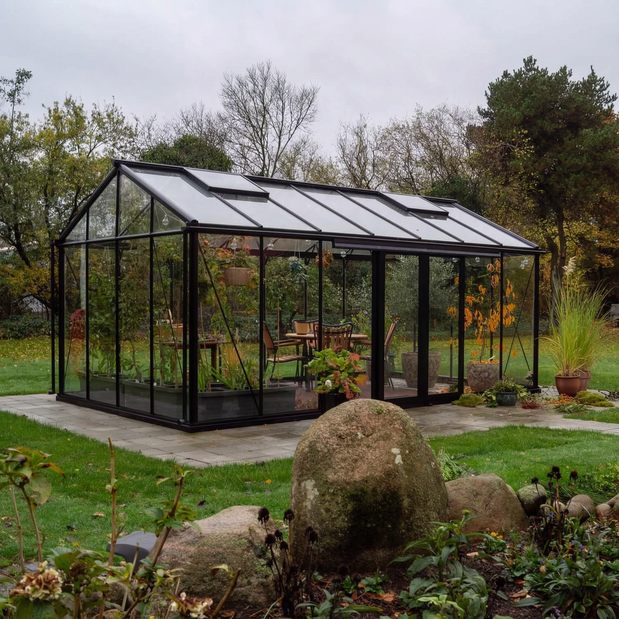 Drivhus Royale 16.8 M² 2.0 - Ubehandlet aluminium / Sider: 4mm hærdet glas. tag: 10mm poly / Dobbelt skydedøre med lås (uden sprosser)