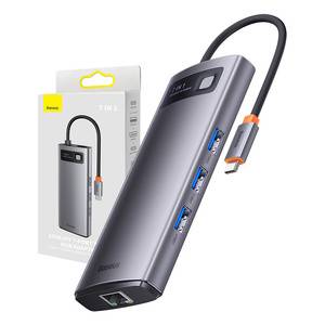 Baseus Hub 7in1 Baseus Metal Gleam Series, USB-C til 3x USB 3.0 + 2x HDMI + USB-C PD + Ethernet RJ45.