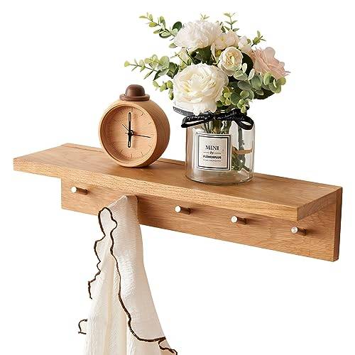 TREOAKWIS Flytande hylla i massiv ek med krokar, väggmonterad displayhylla rockkrokar för sovrum, vardagsrum, badrum, kontor, tvättstuga (50 cm)
