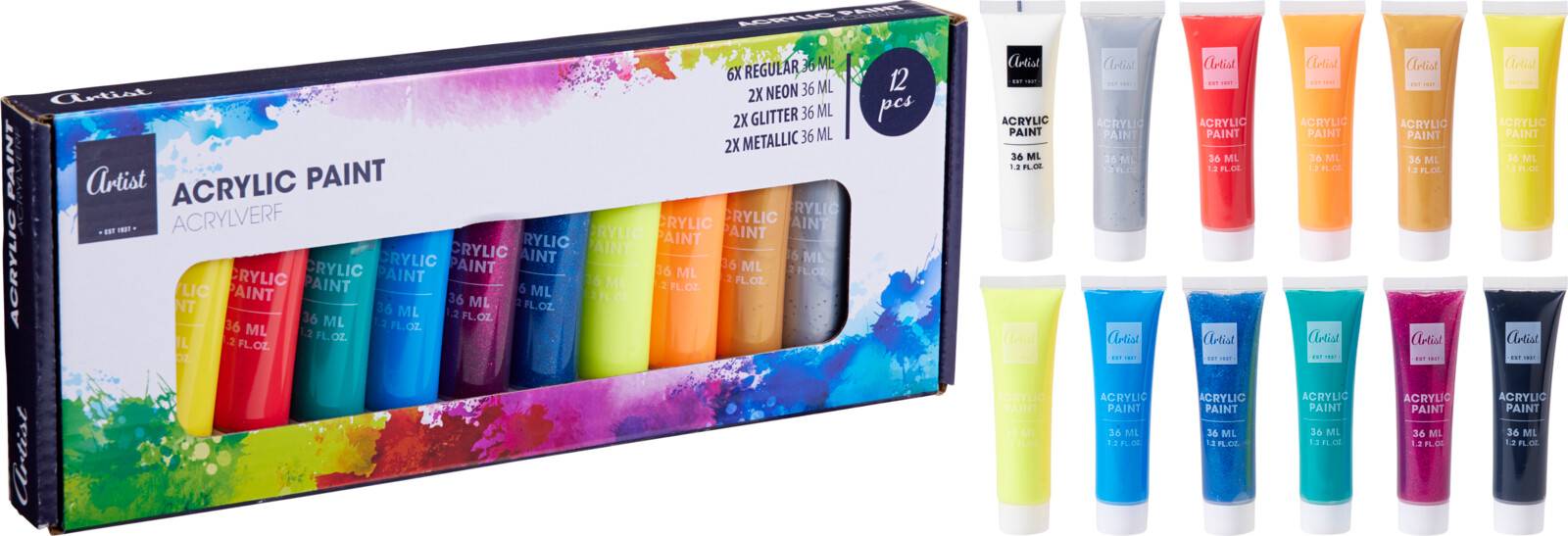 Akrylfärg i 12 färger, 12 tuber à 36 ml