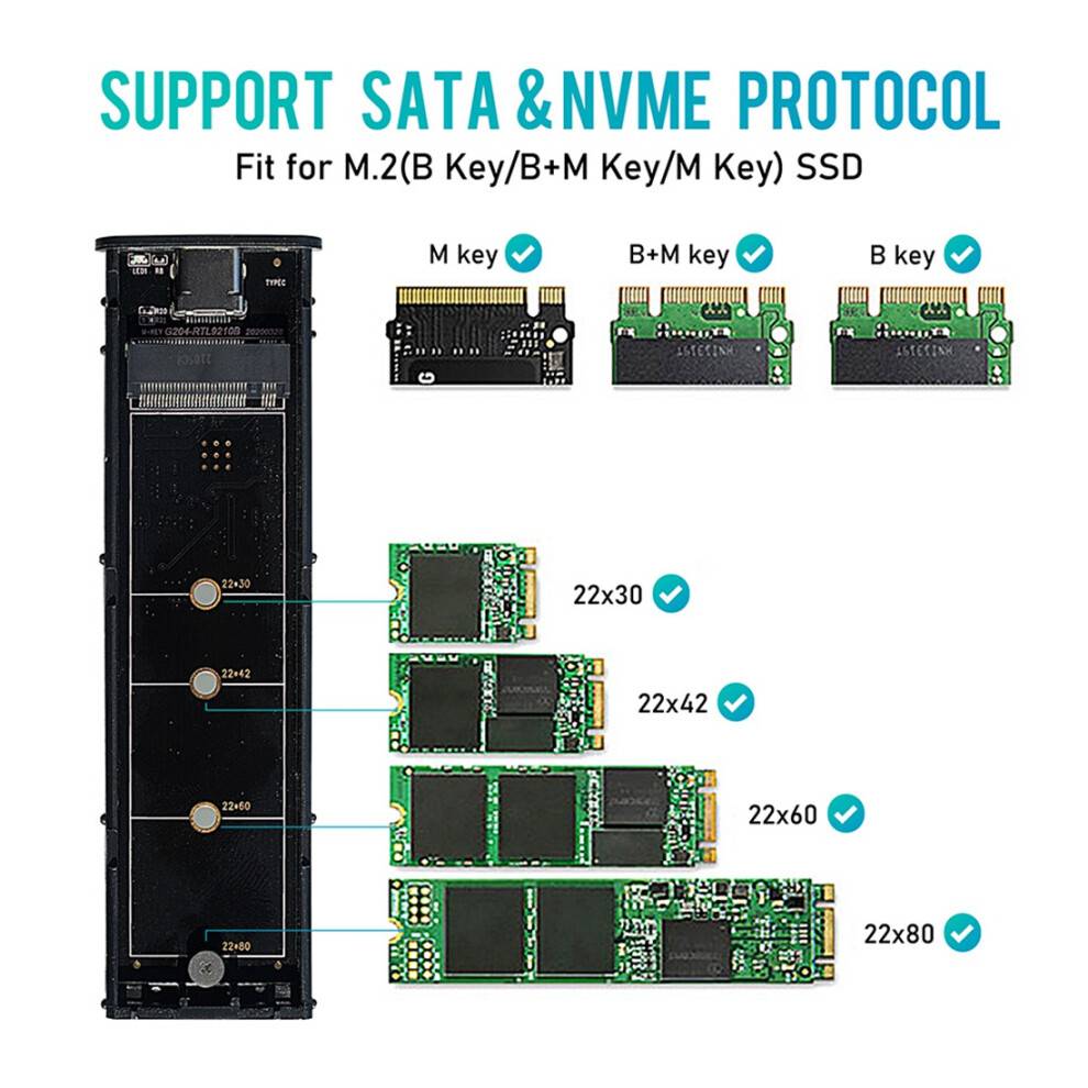 M2 SSD Case NVME Enclosure M.2 to USB SSD Adapter for NVME PCIE NGFF M+B Key 2230/2242/2260/2280 Dual Protocol(D)