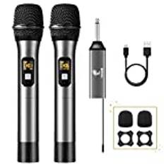 TONOR Trådlös Mikrofon, UHF Dual Metal Dynamic-Mikrofonsystem med Uppladdningsbar Mottagare, för Karaokesång, Hemmabio, Bröllop, DJ, Fest, Tal, Kyrka, 60 m (TW630), Silverfärgad