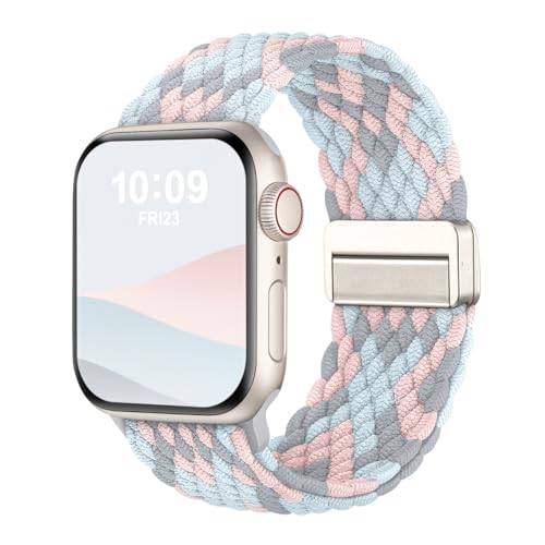 Geflochtenes Armband Kompatibel mit Apple Watch Armband 40mm 41mm 42mm 38mm,Elastisch Stoff Sport Nylon Armbänder mit Magnet Verschluss für iWatch SE 3 Series 11 10 9 8 7 6 5 4 3 2 1, Himmelrosa