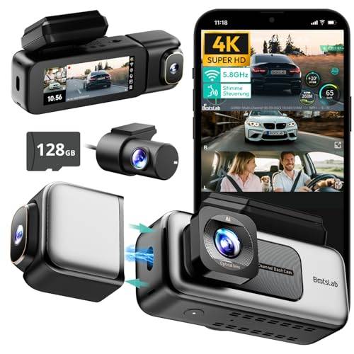 BOTSLAB 4K 3-Kanal Dashcam Auto Vorne Hinten, 3 Channel 4K+1080P+1080P, GPS 5.8GHz WiFi Dash Cam mit 128GB SD Karte, 3.18",Super Nachtsicht,WDR, Sprachbefehl,G-Sensor,Loop-Aufnahme,Parküberwachung