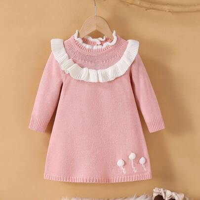 Stickad klänning för babyflickor i rosa och vitt, med volangfåll, ståkrage och lång ärm, höst/vår, dop, matchande familjekläder, födelsedag, söt älva (6-9M,9-12M,12-18M,18-24M,2-3Y)