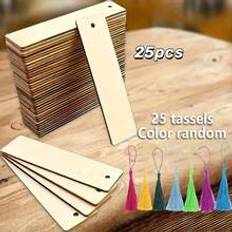 50pcs Wooden Blank Bookmark DIY Wooden Craft Bookmark Wooden Laser Cut Wooden Pendant Wooden Square Tag (25 Bookmarks 25 Tassels)