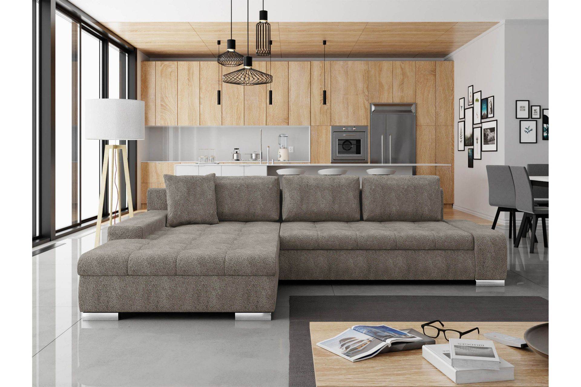 Cerys Bäddsoffa m. Divan 3-sits - Beige Grå Tyg