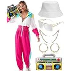 WILDPARTY 80-tals 90-tals outfit, jumpsuit, dam, träningsoverall, huvtröja, joggingdräkt med uppblåsbar ghettoblaster hatt, glas, halsband, örhängen, karneval karneval temafest kostym