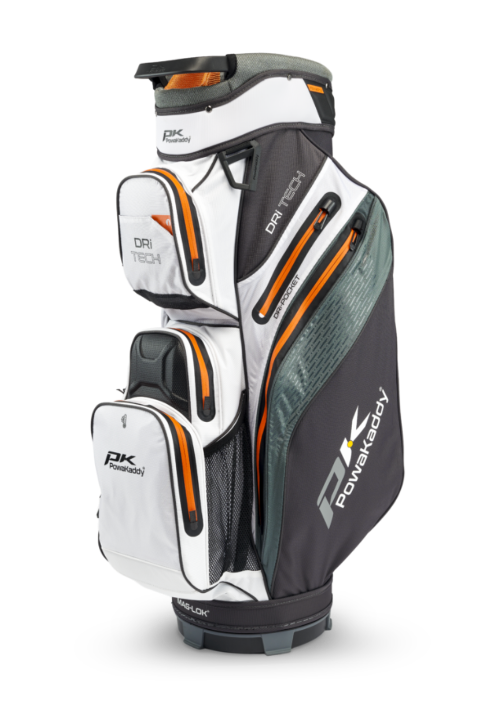 Powakaddy 14 Dri-Tech MagLock Vandtæt Grå Hvid Orange.