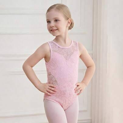 Balettleotard för unga flickor i babyrosa, hög elasticitet, söt spets med blomsterlappteknik, stickad, åtsittande body, 7-årsdag, sommarprinsessa (6Y,7Y,4Y,5Y)