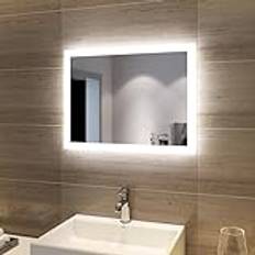 SONNI LED-badrumsspegel med belysning, 60 × 50 cm, badrumsspegel med belysning, kallvit, LED-badrumsspegel för badrum, vertikal och horisontell montering, IP44 vattentät