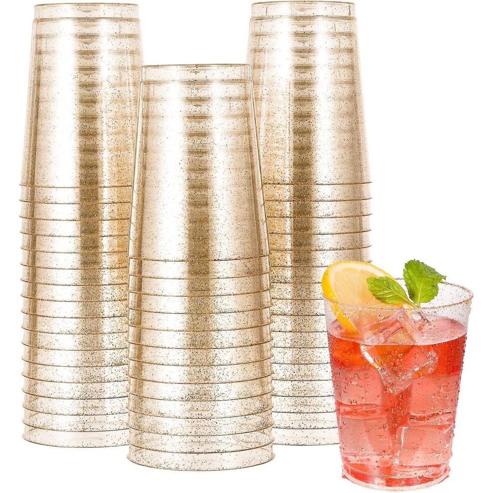 Guldplastikkopper til bryllup, fødselsdage, elegant udseende, klar glitter, 10 oz polystyren engangsglas, overlegen holdbarhed, (50 stk.)