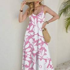 Elegant lång blommig klänning för kvinnor, lämplig för sommarsemester, lång klänning, sommarlång sommarklänning, sommarklänning, lång, sommarklänning, - Babyrosa (L,M,S,XL)