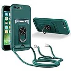 JMstore Mobiltelefonkedja skyddsfodral kompatibelt med iPhone 7 Plus/iPhone 8 Plus, 360° ringstativ, magnetisk järnplåt + kortfack, kameraskydd, stötsäkert silikonfodral-grön