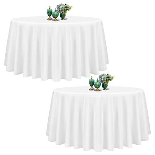 Showgeous 2 pack vit rund bordsduk 229 cm polyestertyg bordsduk tvättbart tyg bordsskydd för bröllop bankett restaurang bufféfester och camping