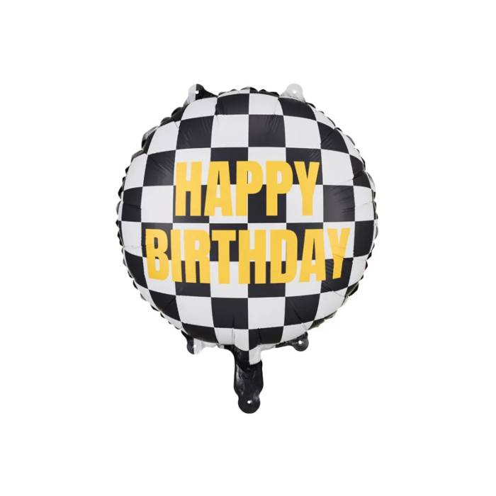 Folieballon happy birthday med ternet flag 45 cm.