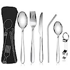 6-Stück Tragbares Campingbesteck Set,304 Edelstahl Bestecksets Essbesteck,Camping Besteck mit Gehören Messer,Gabel,Löffel,Flaschenöffner,Strohhalme Bestecktasche für Outdoor Reise Picknick Schwarz